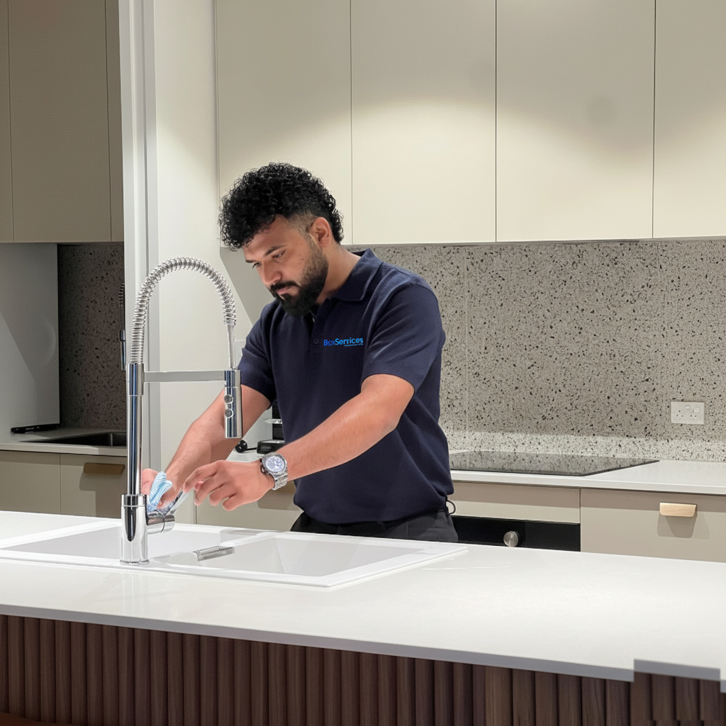 Box Services cleaner inspecting and detailing a kitchen tap during a regular quality check